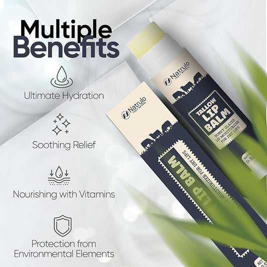 Beef Tallow Lip Balm – Natural Tallow Beeswax Chapstick – Hydrating Moisturizer Grass Fed Bison Tallow Balm Lip Care – Soothes Chapped, Dry Lips, Sensitive Skin – Long Lasting & Vitamin Rich USA-Made