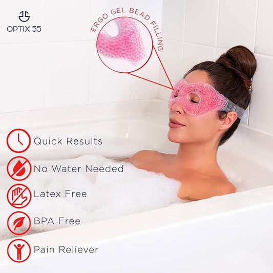 Gel Mask With Eye Holes - Hot Cold Compress Pack for Puffy Eyes, Dry Eyes, Headaches, Migraines, Sinus, Dark Circles - Reusable Face Therapy | Ergo Gel Bead (Pink)