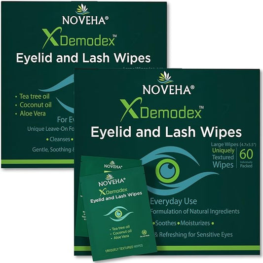 NOVEHA Demodex Eyelid & Lash Wipes | Box of 60 Individually Wrapped Extra Strength Cleansing Eyelash Wipes - Battles Irritated Eyes - Naturally Remove Debris (Pack of 2)