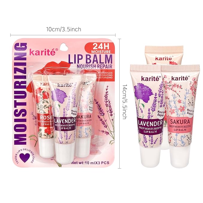 Lip Balm with Floral Fragrance - Enchanting Roses, Fragrant Lavender & Elegant Plum Blossoms - Perfect Stocking Stuffers for Women & Birthday Gifts for Women，100% natural lipstick