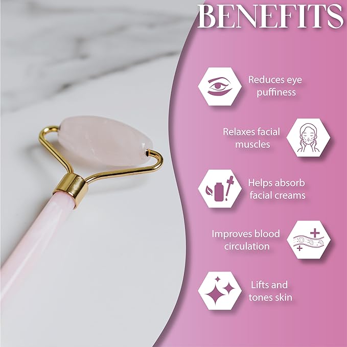 Rose Quartz Face Roller Gua Sha - Rose Quartz Gua Sha Skin Care Set Includes Pink Face Roller & Scraper Tool, Face Sponge, Scented Candle, & Crystal Oil Bottle