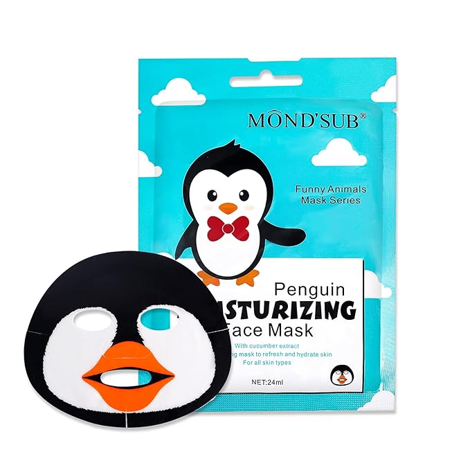 MOND'SUB Animal Spa Beauty Mask, Character Masks Sheet-(Pack of 5) Penguin Nourishing & Moisturizing Effects For All Skin Types- Birthday Party Gift for her, Girls Night, Spa Night, Beauty Gift