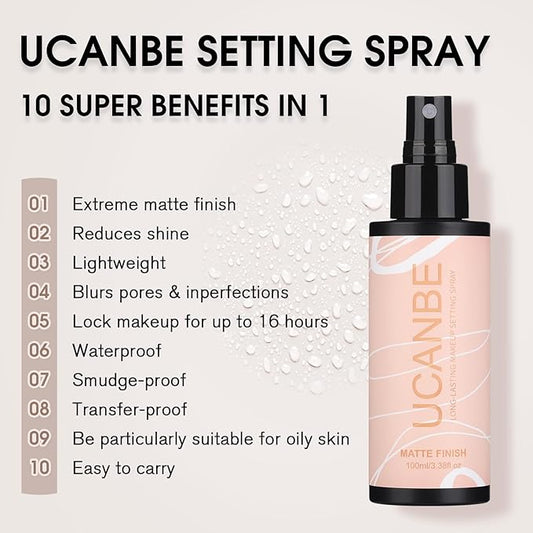 Long Lasting Makeup Setting Spray Kit - 3.38 Fl oz Super Matte Finish Setting Mist Lightweight Face Make up Fixer for Oily Skin + 1PC Sponge Puff + 1PC Powder Puff