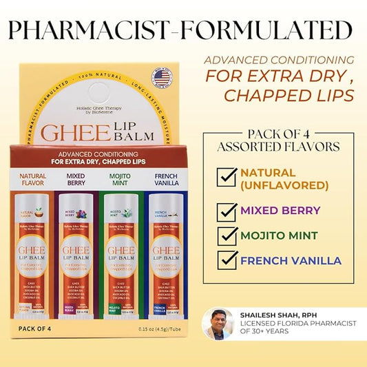 All Natural Lip Balm For Very Dry Lips | Hydrating & Moisturizing Lip Balm with Shea Butter, Ghee, Jojoba Oil, Coconut Oil | Chapped Lips & After Sun Care | BioSerene (4.5 gms/tube, Assorted)