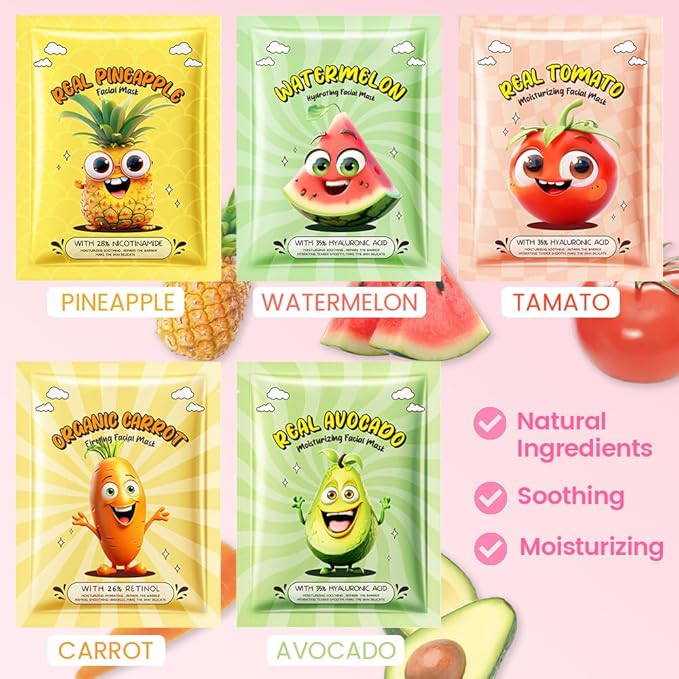 Kaely 10 Pack Fruit Face Masks for Kids, Kids Face Mask Spa Day kit Supplies, Spa Party Favors for Teens Girls Women, Sheet Facial Mask Skincare Gifts Set, Moisturize Soothe for All Skin Types, 01
