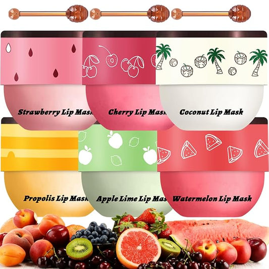 6 PCS Bee Lip Balm Honey Pot, Propolis Lip Mask Overnight, Moisturizing Hydrating Lip Sleeping Mask Prevention Dry and Cracked, Reduce Lip Lines (Strawberry&Watermelon&Honey&Cherry&Coconut&Apple Lime)