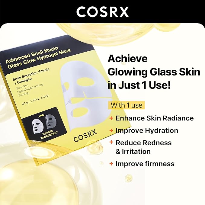 COSRX Advanced Snail Mucin Glass Glow Hydrogel Face Masks Skincare 3 EA, Collagen Face Mask, Travel Essentials, Overnight Face Mask, Korean Skin Care
