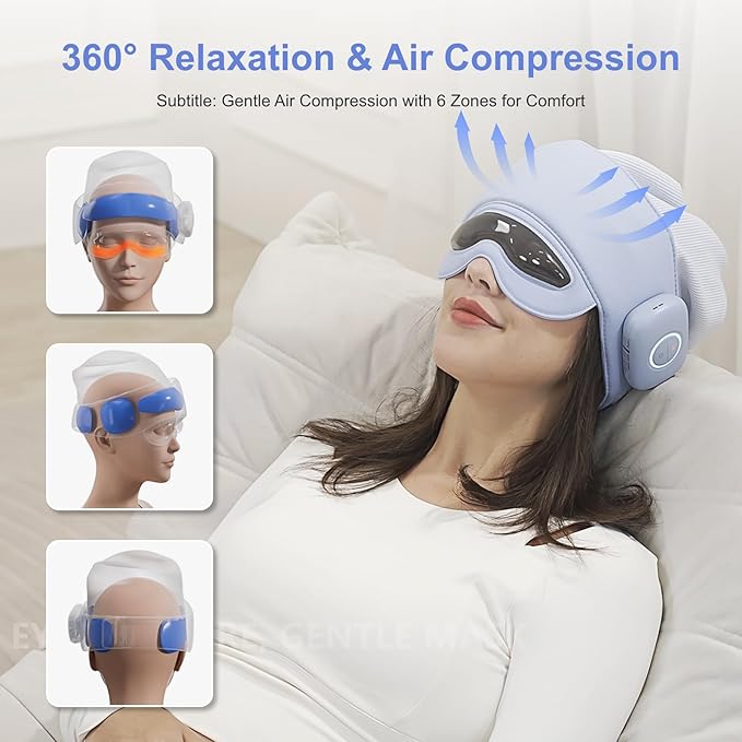 Head Massager with Eye Mask for Fatigue Relief, 4 Modes, 2 Heat Settings, Bluetooth-Capable, Rechargeable,Ideal for Rest & Relaxation, Gift Wooden Comb, Portable, Gifts for Family and Friends