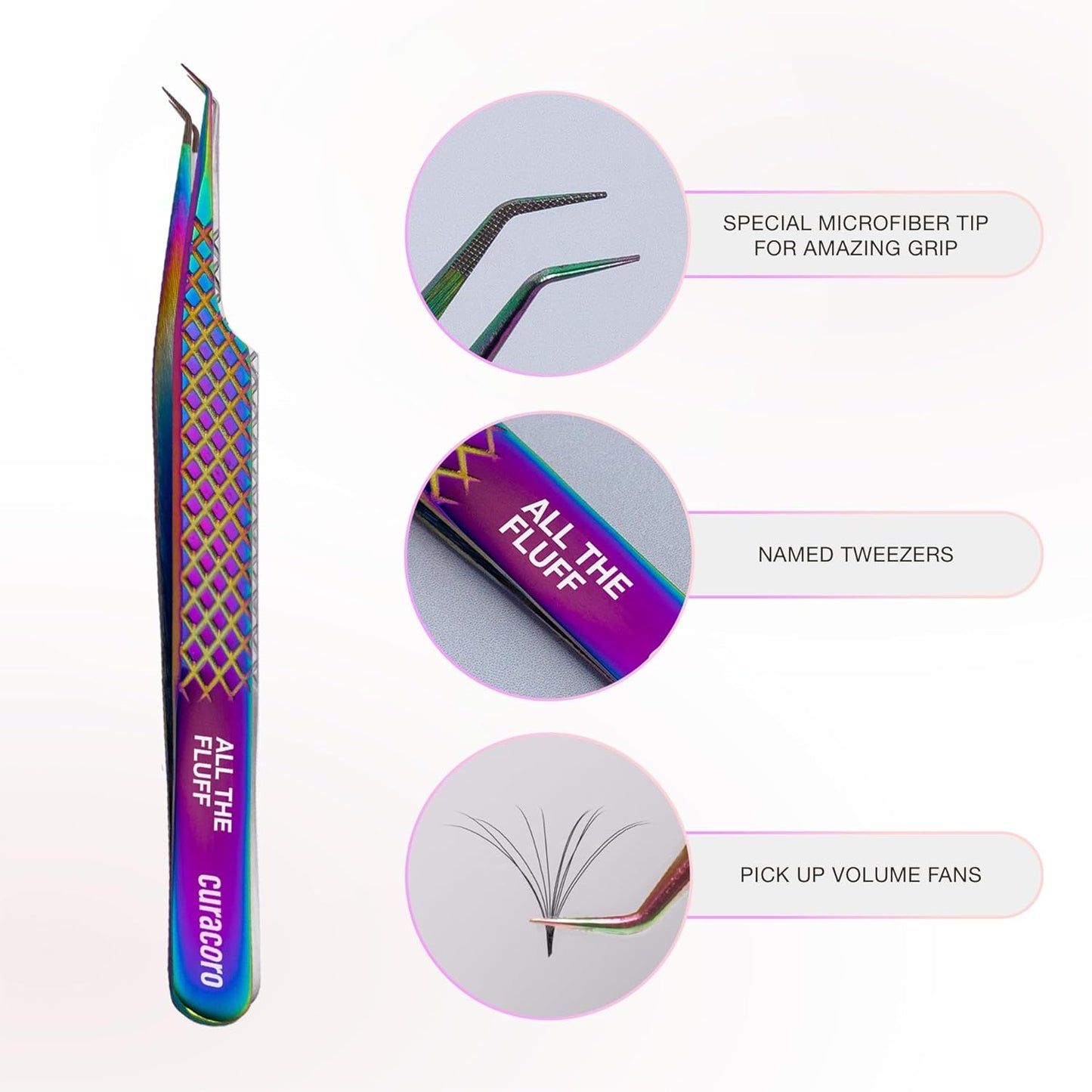 Curacoro Lash Tweezer - Professional & Precision Fiber Tip Grip Lash Tweezers for Eyelash Extensions, Multi Shapes & Purposes Tweezers for Volume, Isolation & Classic Lashes (Galaxy, All The Fluff)
