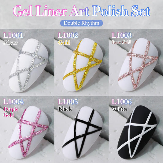 Double Rhythm 6 Pcs 15 ML Gel Liner Polish Nail Art Set Chrome Metallic Glitter Soak Off Gel Polish Kit Nail Art Manicure Salon DIY at Home for Women (Gold Silver Black White-T6-52)