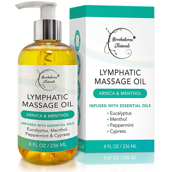 Lymphatic Drainage Massage Oil for Massage Therapy | Premium Quality, 100% Natural with Arnica Eucalyptus & Menthol | for Post Surgery Recovery & Detox | 8oz by Brookethorne Naturals