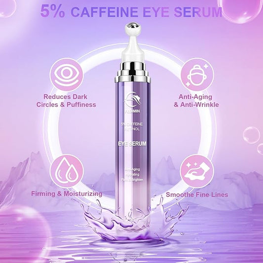 5% Caffeine Eye Cream for Dark Circles Under Eye Treatment Eye Serum for Wrinkles Fine Lines, Retinol Eye Care Eye Cream for Puffiness and Bags Eye Serum with 360° Massage Roller-Ball (Light Purple)