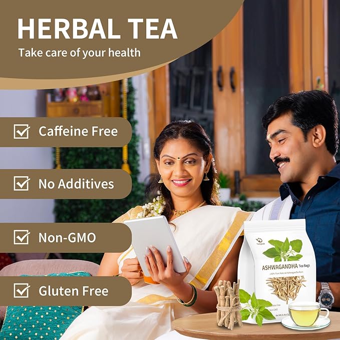 Ashwagandha Root Tea Bags - 60 bags Pure & Natural Ashwagandha Root Herbal Tea, Caffeine Free, No Additives