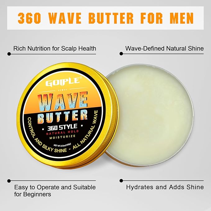 Wave Butter 360 Wave Grease for Men - Wave Butter for Layered Waves, Moisture, Control and Silky Shine - All Natural Wave Cream Wave Butter Cream with Shea Butter and Beeswax for Wolfing (3.5 OZ)