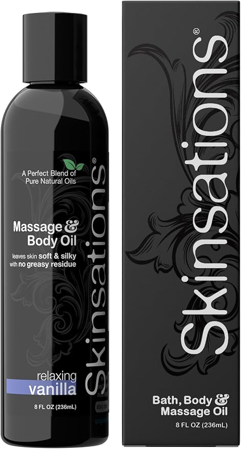 Skinsations - Vanilla Massage Oil for Massage Therapy - 8oz | Silky-Soft Blend of Sweet Almond, Fractionated Coconut, Grapeseed and Jojoba Oil | Scented Body Oil, Sore Muscles, Aromatherapy