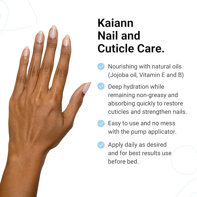 Kaiann Nail & Cuticle Oil - Fragrance Free, Ingredients include Jojoba Oil and Vitamin E and B, Cuticle & Nail Strengthener - Cuticle Softener - Pump Applicator 1oz