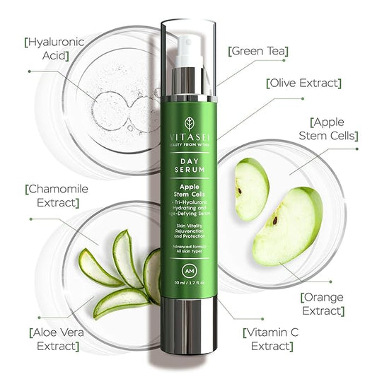 AM Day Serum W/Apple Stem Cells, Hyaluronic Acid, Green Tea, Chamomile Extract, Orange, Vitamin C, Olive & Aloe Vera for Face - Anti-Aging & Moisturizing Facial Serum for Women - 1.7 Fl oz