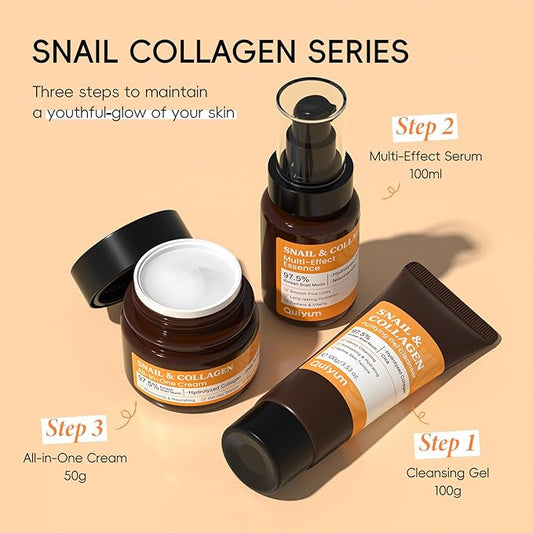 All About Snail Mucin Kit Korean Skin Care Set, Collagen Skincare Gift Set Hydrating & Lifting Skin, Snail Skin Care Products Set Cleanser, Serum, Cream, Facial Kit for Women and Men Anti-Aging 3Pcs