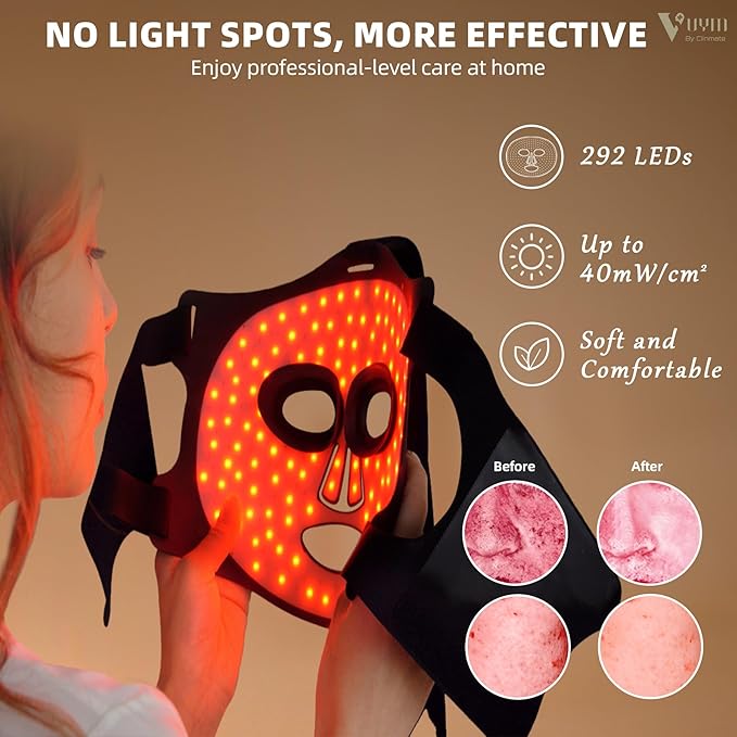 VYM LED Face Mask Light Therapy: Portable Remote High-Energy Anti-Aging Skincare Device, 292 LEDs Professional Infrared Red Light Therapy for Face, Red Light Mask Gift Pack - Black