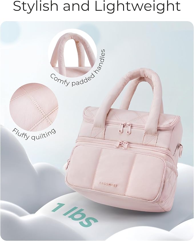 BAGSMART Lunch Bag Women, Double Deck Insulated Lunch Box, Quilted Puffer Lunch Tote, Leakproof, Durable & Reusable Large Lunch Cooler For Work Picnic Travel Meal Prep, Beige