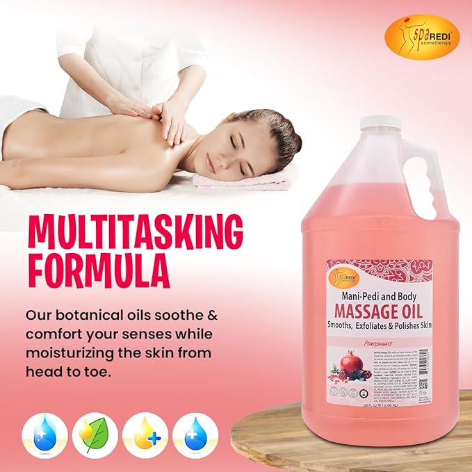 SPA REDI - Massage Oil, Pomegranate, 128 Oz - Professional Full Body Massage Therapy, Made with Almond Oil, Cotton Seed Oil, Sunflower Oil, Avocado Oil, Essential Oils and Vitamin E