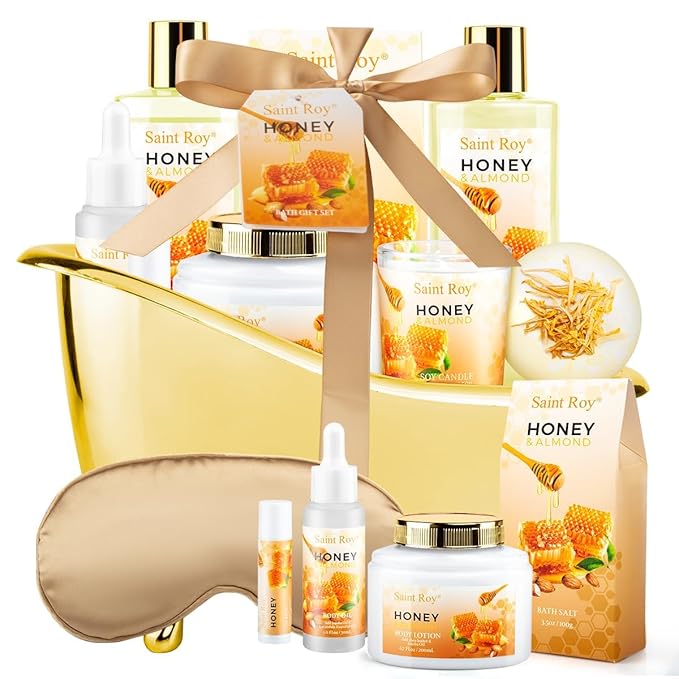 Bath spa Gifts for Her Spa Gift Basket, Honey Almond Spa Basket Bath and Body Set with Bath Bomb, Jojoba Oil & Lip Balm, Birthday Holiday Home Spa Gifts for Women & Men Fathers Day Mother day