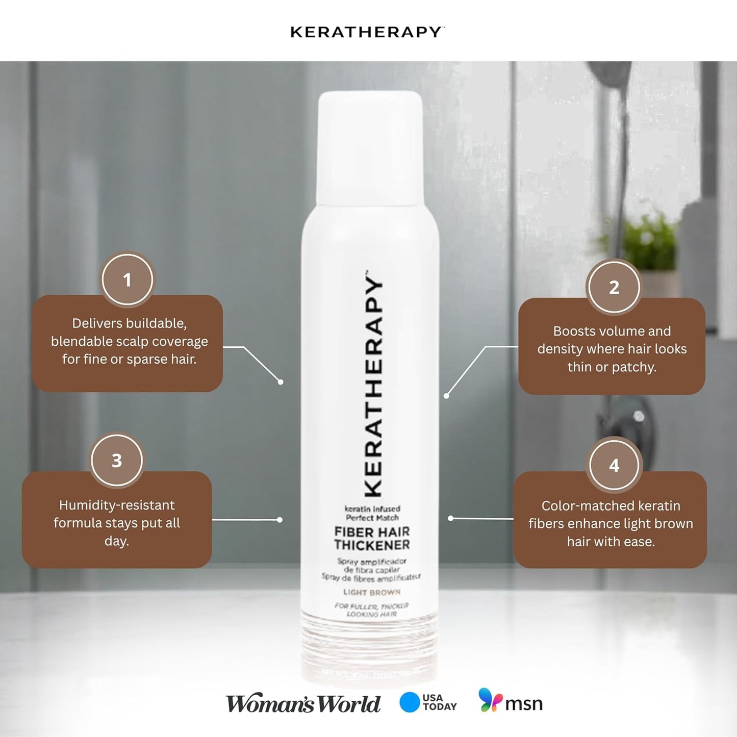 Keratherapy Keratin Infused Perfect Match Fiber Hair Thickener Spray, Light Brown, 4 fl. oz., 140 ml - Volumizing, Thickening, & Concealing Hairspray for Scalp Coverage, Roots & Thinning Areas