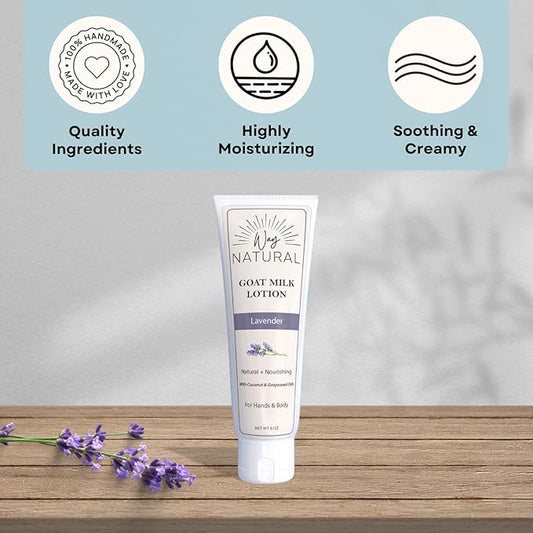 Goat Milk Lotion, Lavender - Home & Away Set, Natural, Body/Hand - Goat Milk Hand Cream for Women and Men - Creamy, Dry Skin Relief - Lavender Lotion - 8oz & 2oz Travel Size Tube
