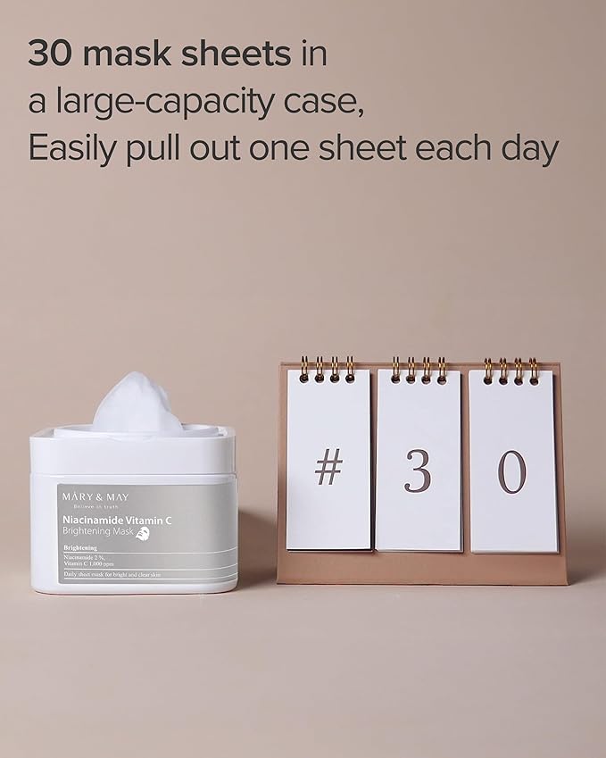 Mary&May Niacinamide Vitamin C Daily Mask - Quick Dispenser Type Korean Face Mask Sheet for Radiance Clear Skin - Dark Spot Correction and Luminous Skin - Hypoallergenic and Eco-Friendly, 30 Sheets