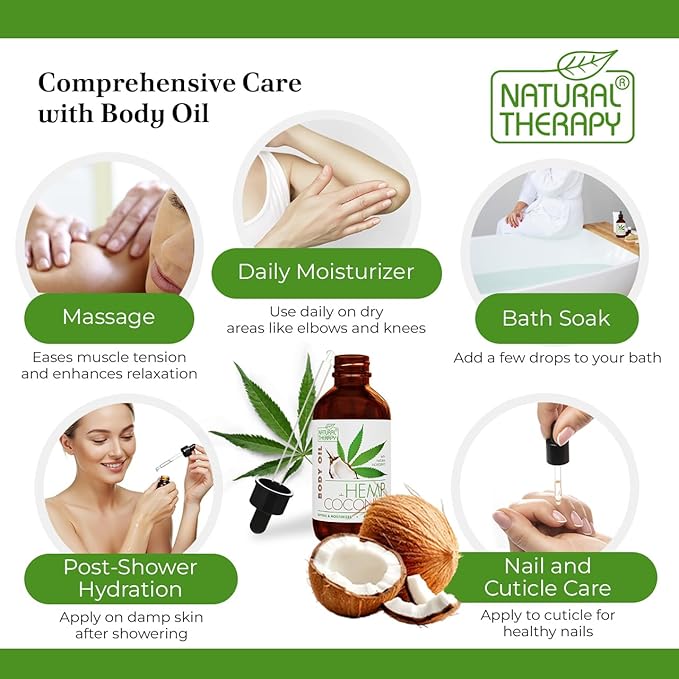 Natural Therapy Sensual Massage Oil for Date Night – Scented Body Oil for Couples with Hemp & Coconut (4 Fl.Oz)