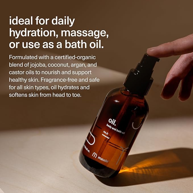 Maude Oil No. 0 - Hydrating Organic Massage + Body Oil - Skin Moisturizer with Organic Jojoba, Coconut & Castor Oil - Rich in Vitamin B + Vitamin E (4 fl oz)