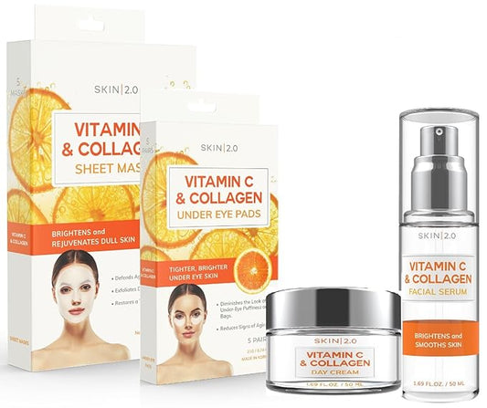Vitamin C and Collagen Beauty Value Set - Serum, Moisturizer, Under Eye Pads & Face Sheet Masks