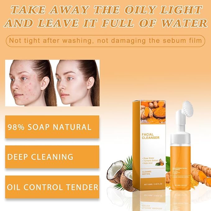 4Pcs Turmeric Wash and Care Three Piece Set,Turmeric Trio: Facial Wash,Cleansing Mousse & Soap for Skin Care,Turmeric Cleansing Exfoliating Pads,Turmeric Face Wash for Face & Body