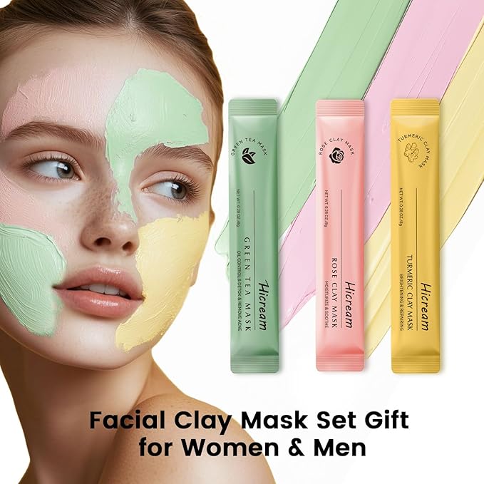 Turmeric Clay Mask, Rose Face Mask & Green Tea Mud Mask 12 PCS - Spa Facial Mask Set Gift for Women & Men, Skin Care Set for Deep Cleansing, Moisturizing, and Refining Pores