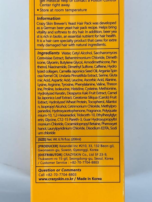 CRAZY SKIN Beer Yeast Hair Treatment Mask - pH5.5 Protein, Keratin, Argan/Camellia Oil, Collagen for Repair and Color Treated Hair 13.5oz(400ml)