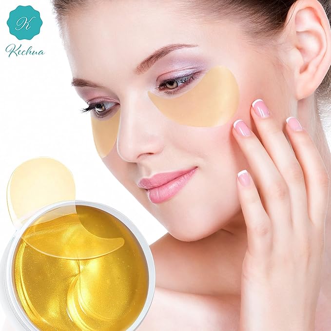 24K Gold Under Eye Patches For Wrinkles- Gold Eye Patches for Puffy Eyes - Dark Circles Under Eye Treatment - Anti-aging Golden Eye Mask with Hyaluronic Acid Vitamin D and E. 60 Eye Masks
