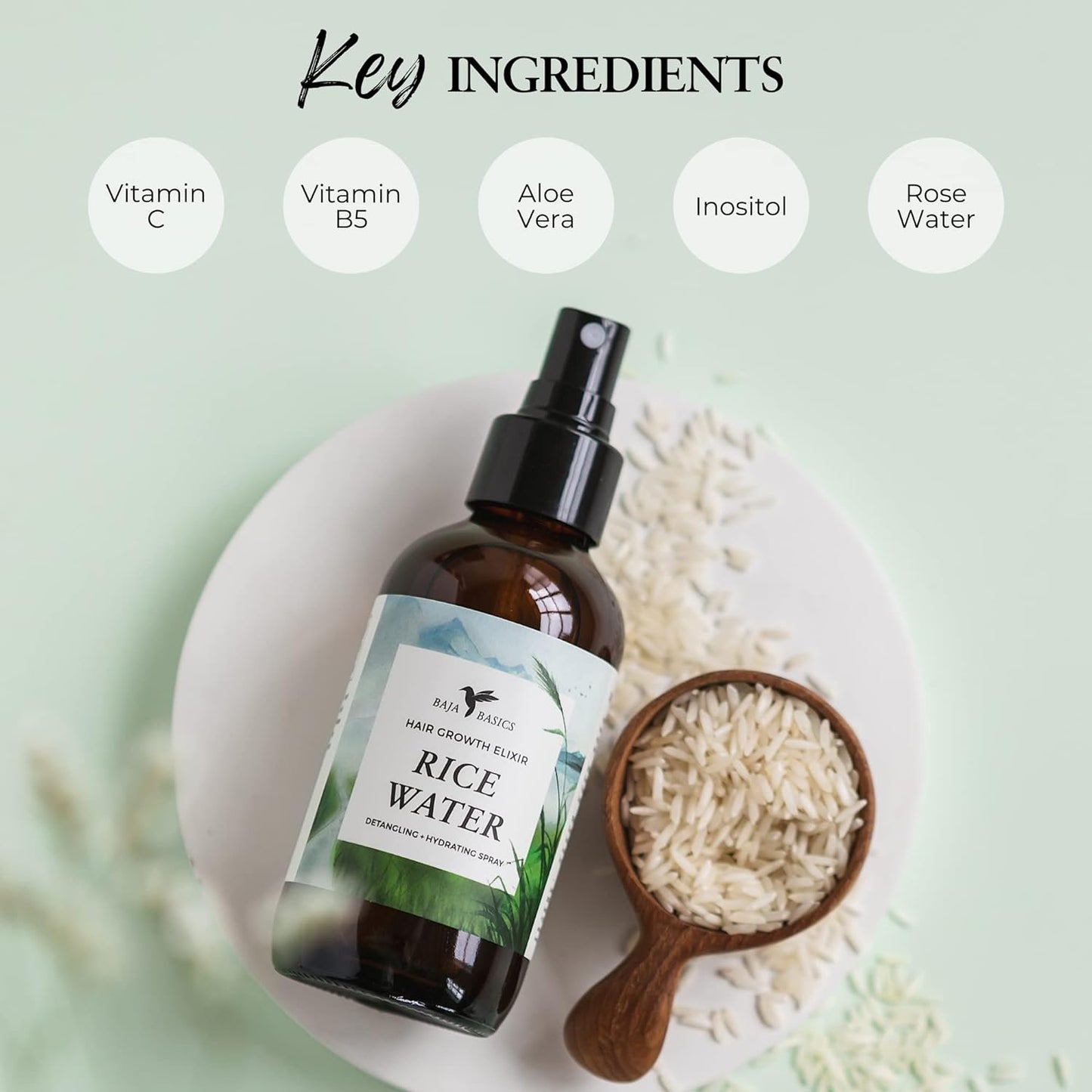 Rice Water For Hair Growth by Baja Basics, Thickness, Strength, Shine - Leave-in Conditioner for Scalp, Dry Split End Moisturizer - Fermented Rice Water Spray for Curly, Straight, Thick, Thin Hair 4oz