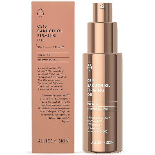 Allies of Skin CE15 Bakuchiol Firming Oil: Firming Facial Oil with 10% Vitamin C, 5% Vitamin E, 1% Bakuchiol Retinol, 3% Renovage™. 30 ml/ 1 oz
