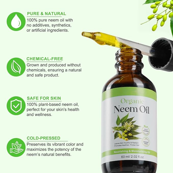 Neem Oil for Skin - 2 Pack, Pure Natural Cold Pressing, Free of Hexane, Nourishes the Skin and Hair, Reduces Fine Lines, 4.04 Oz