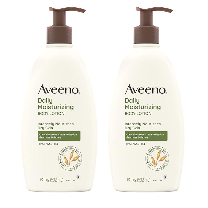 Aveeno Daily Moisturizing Body Lotion with Soothing Prebiotic Oat, Gentle Lotion Nourishes Dry Skin With Moisture, Paraben-, Dye- & Fragrance-Free, Non-Greasy & Non-Comedogenic, 18 oz, 2 Pack
