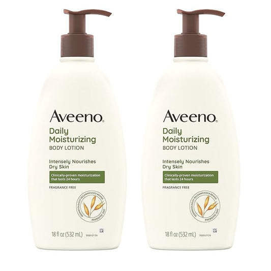 Aveeno Daily Moisturizing Body Lotion with Soothing Prebiotic Oat, Gentle Lotion Nourishes Dry Skin With Moisture, Paraben-, Dye- & Fragrance-Free, Non-Greasy & Non-Comedogenic, 18 oz, 2 Pack