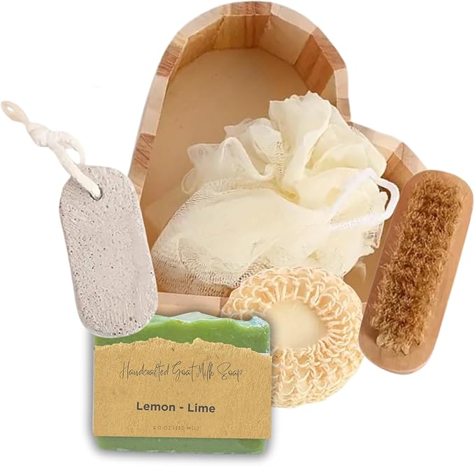 Bath Sets for Women Gift Bath Sponge, Feet Scrubber, Body Brush, Goat Milk Soap Lemon Lime - Perfect Gifts for Women & Mom, Bath Spa Gifts in Heart-Shaped Box, Skin Care Set