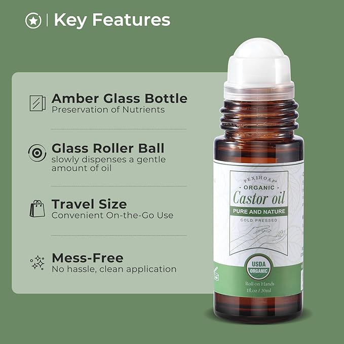 Castor Oil Roll on for Waist Belly Body Skin, Certified Organic Pure Cold Pressed Body Castor Oil Roller Stick Glass Bottle - 1fl.oz
