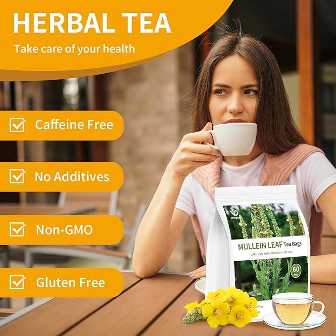 60 Mullein Leaf Tea Bags - 100% Pure & Natural Mullein Leaves, Caffeine Free, No Additives, No Sugar, Non-GMO