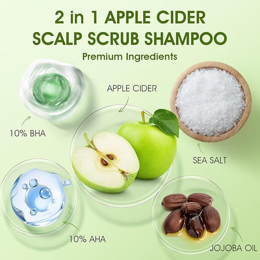Apple Cider Scalp Scrub, 2-in-1 AHA & BHA Scalp Exfoliator Shampoo, Detox Treatment with Sea Salt, Clarify and Remove Build Up with Silicone Scalp Massager, 10.6oz/300g