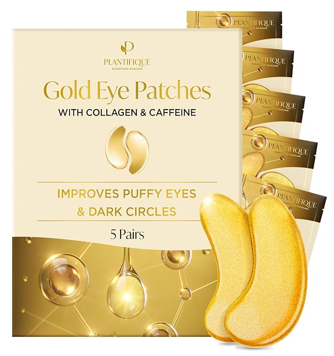 PLANTIFIQUE Gold Under Eye Patches for Puffy Eyes and Dark Circles 20+5 Pairs Under Eye Masks for Dark Circles and Puffiness Eye Gels with Collagen & Caffeine Anti Aging Gold Eye Mask Skincare