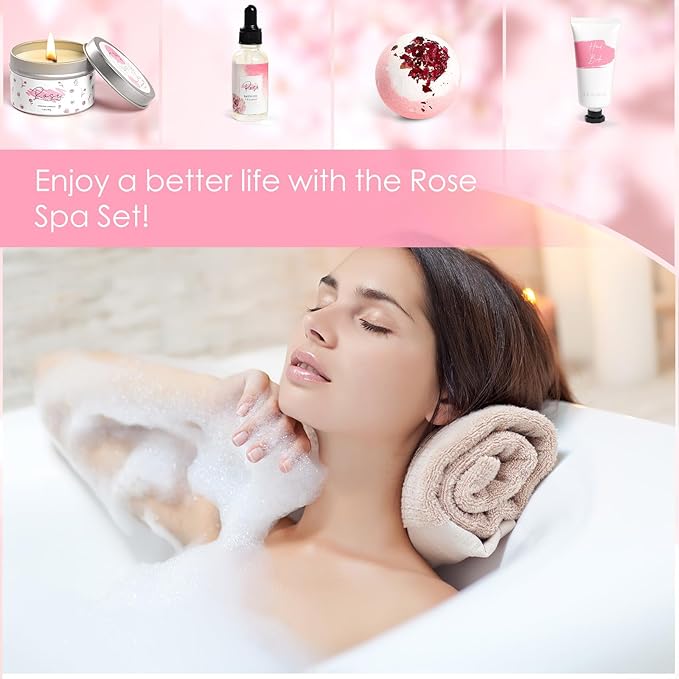 Mother's Day Gifts，Rose Spa Gifts Set, Bath Gifts Set for Women, Relaxing Spa Gift Basket for Women, Self Care Package, Home Spa Products, Birthday Gifts for Mom Mother's Day (Rose)
