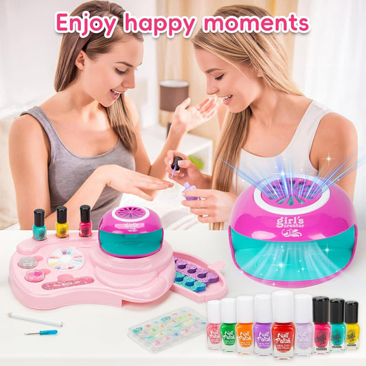 Kids Nail Polish Set for Girls, Nail Art Kit with Nail Dryer, 9 Peel Off Washable Polish, 24 Press on Fake Nails, Glitter Powder, Gifts for Girls Ages 6-12