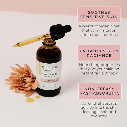 2 fl oz Rosey Cheeks Facial Oil Serum | Ecocert Cosmos Natural | Facial Serum For Women, Dry Skin, Natural Ingredients Avocado Oil, Camellia Seed Oil, Rosehip CO2, Rose Absolute