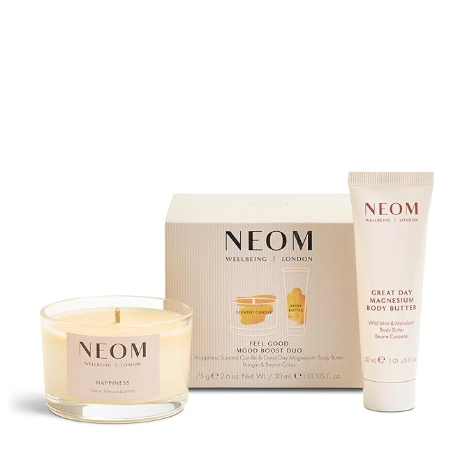 NEOM- Feel Good Mood Boost Duo Gift Set | Happiness Scented Candle & Great Day Magnesium Body Butter